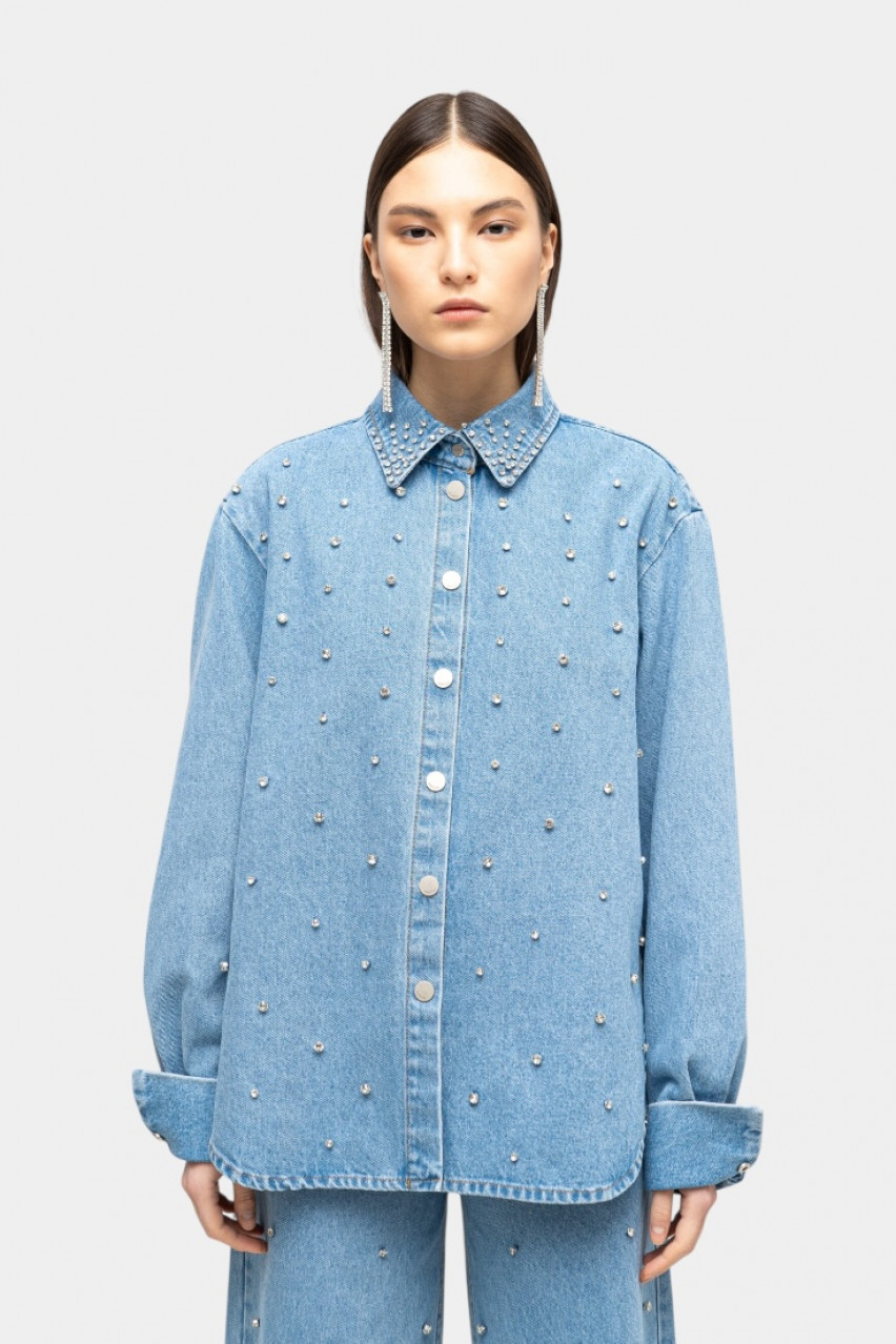 Блакитна сорочка з деніму зі стразами sp25-shr-light-blue MATCH DENIM