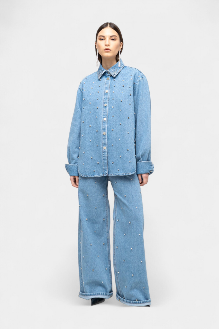 Блакитна сорочка з деніму зі стразами sp25-shr-light-blue MATCH DENIM